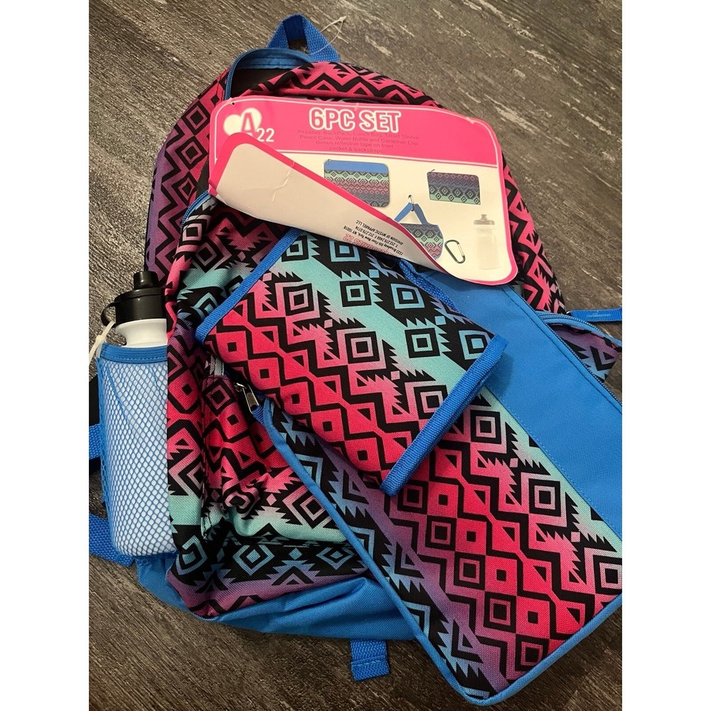 Aztec Print Backpack 6 Piece Set NWT Pink Blue Lunch Bag Water Bottle